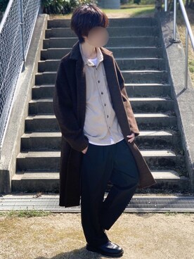 「ワイドスラックス」｜「アイテム（ステンカラーコート）」を使った、じいさん（メンズ・172cm）の秋コーディネート
