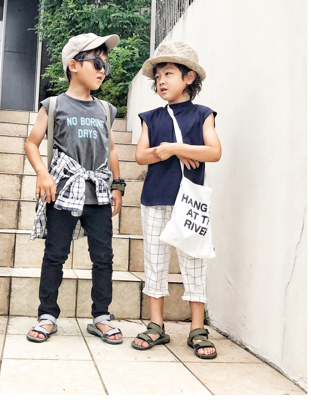 「夏コーデ、カジュアルコーデ、ootd、グローバルワーク(GLOBAL WORK)、きょうだいコーデ、きょうだい、キッズコーデ、キッズファッション」｜「GLOBAL WORKのアイテム（トップス、ブルー系）」を使った、2Rmamaさん（キッズ・110cm）の夏コーディネートの1枚目の写真