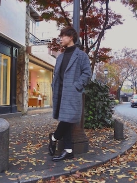 「coen（コーエン）のアイテム（チェスターコート）」を使った、RYOTAさん（メンズ・168cm）の冬コーディネート
