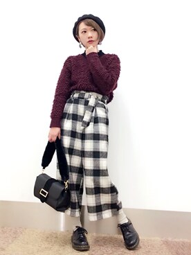 「ハイウエストパンツ」｜「アイテム（ハンチング/ベレー帽）」を使った、isonさん（レディース・156cm）の冬コーディネート