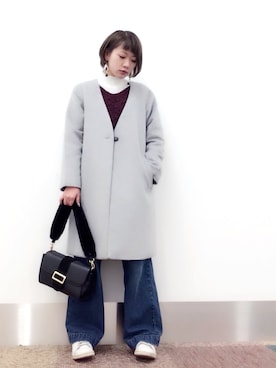 「スタンスミス」｜「アイテム（ノーカラージャケット）」を使った、isonさん（レディース・156cm）の冬コーディネート
