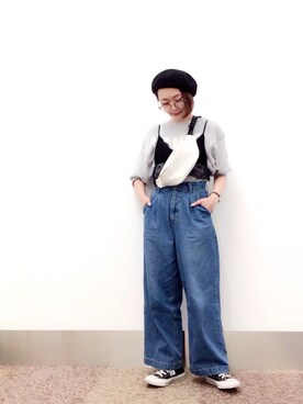 「ロゴニット」｜「アイテム（ハンチング/ベレー帽）」を使った、isonさん（レディース・156cm）の春コーディネート