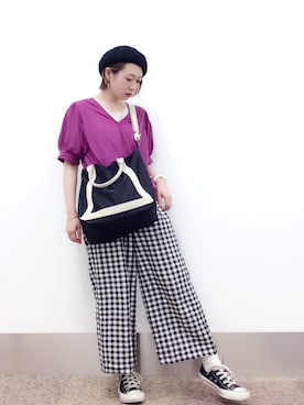 「デカバッグ」｜「アイテム（ハンチング/ベレー帽）」を使った、isonさん（レディース・156cm）の夏コーディネート