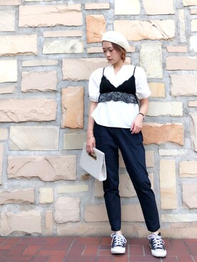 「スキッパーシャツ」｜「アイテム（ハンチング/ベレー帽）」を使った、isonさん（レディース・156cm）の夏コーディネート