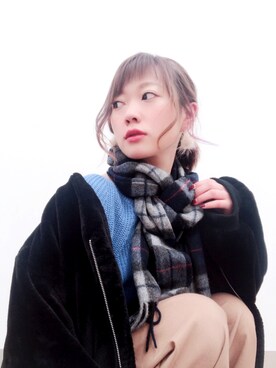 「チェックマフラー」｜「アイテム（ブルゾン）」を使った、isonさん（レディース・156cm）の冬コーディネート