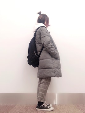 「グレンチェック」｜「アイテム（ダウンジャケット/コート）」を使った、isonさん（レディース・156cm）の冬コーディネート