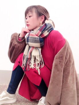 「チェックマフラー」｜「アイテム（ブルゾン）」を使った、isonさん（レディース・156cm）の冬コーディネート