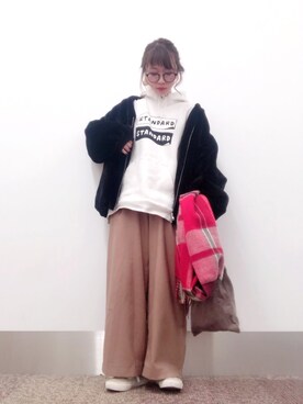 「チェックマフラー」｜「アイテム（ブルゾン）」を使った、isonさん（レディース・156cm）の冬コーディネート