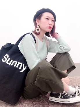 「おおぶりピアス」｜「アイテム（ハンチング/ベレー帽）」を使った、isonさん（レディース・156cm）の冬コーディネート