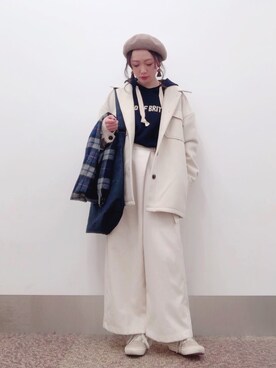 「チェックマフラー」｜「アイテム（ハンチング/ベレー帽）」を使った、isonさん（レディース・156cm）の冬コーディネート