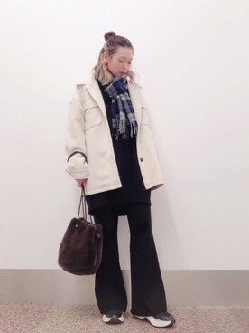 「チェックマフラー」｜「アイテム（ミリタリージャケット）」を使った、isonさん（レディース・156cm）の秋コーディネート