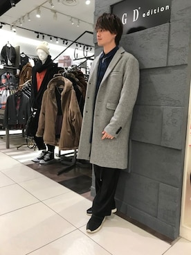 「GGD（ジージーディー）のアイテム（チェスターコート）」を使った、GGD edition あべの店さん（メンズ・172cm）の秋コーディネート