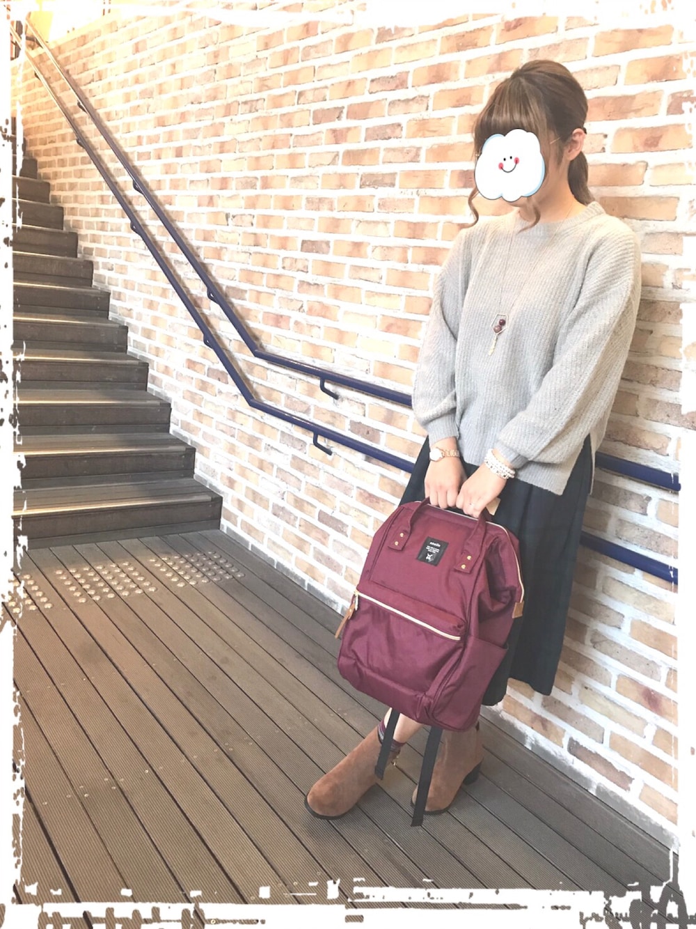 「earth music&ecology、ORiental TRaffic(ORiental TRaffic)、アルパカ、Anello」｜「earth music&ecologyのアルパカニットプルオーバー（ニット/セーター、グレー系）」を使った、さきめろさん（レディース・160cm）の秋コーディネートの1枚目の写真
