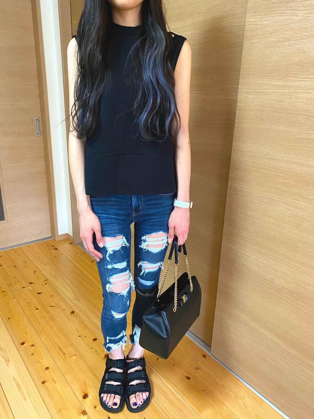 「今日のコーデ、ラフ」｜「American Eagleのアイテム（パンツ、ブルー系）」を使った、as2k328さん（レディース・173cm）の夏コーディネートの1枚目の写真