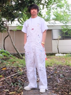 「ポケットＴシャツ」｜「アイテム（サロペット/オーバーオール）」を使った、こんがり棒さん（メンズ・167cm）の夏コーディネート