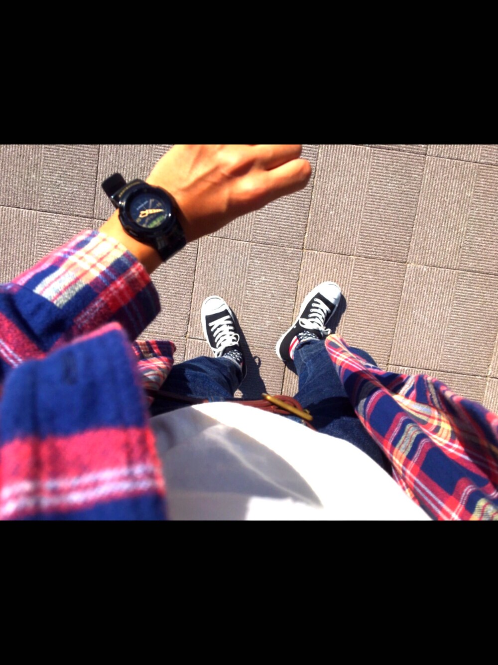 「BEAMS BOY、healthknit、シャツワンピース、秋のコーデ、ボーイッシュ、converse、jack purcell、チェックシャツ、ネルシャツ、orslow」｜「CONVERSEのCONVERSE / JACK PURCEL（スニーカー、ブラック系）」を使った、marinosukeさん（レディース・157cm）の秋コーディネートの1枚目の写真