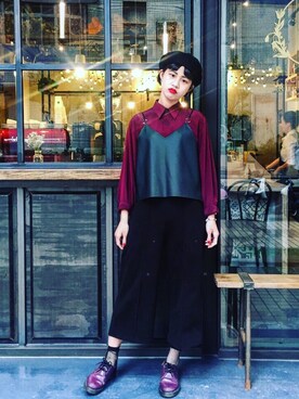 「Dr. Martens（ドクターマーチン）のアイテム（シューズ、パープル系）」を使った、劉孟雰さん（レディース・165cm）の春コーディネート