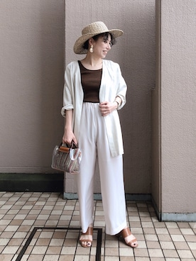 「むぎわら帽子」｜「アイテム（ノーカラージャケット）」を使った、EYEさん（レディース・160cm）の春コーディネート