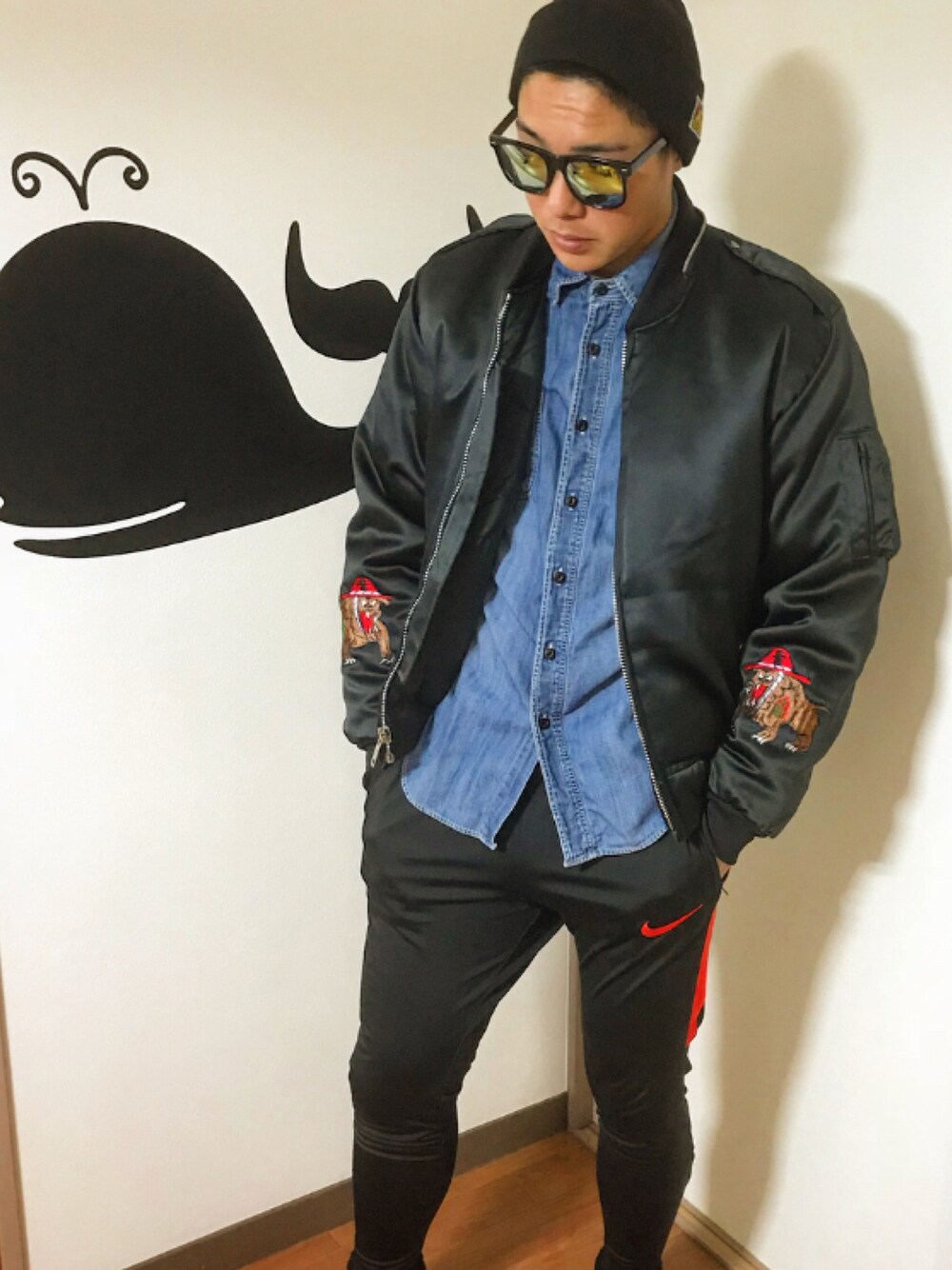 「ドラフトナイキ、ナイキ」｜「NIKEのアイテム（パンツ、ブラック系）」を使った、あーる。さん（メンズ・179cm）の冬コーディネートの1枚目の写真