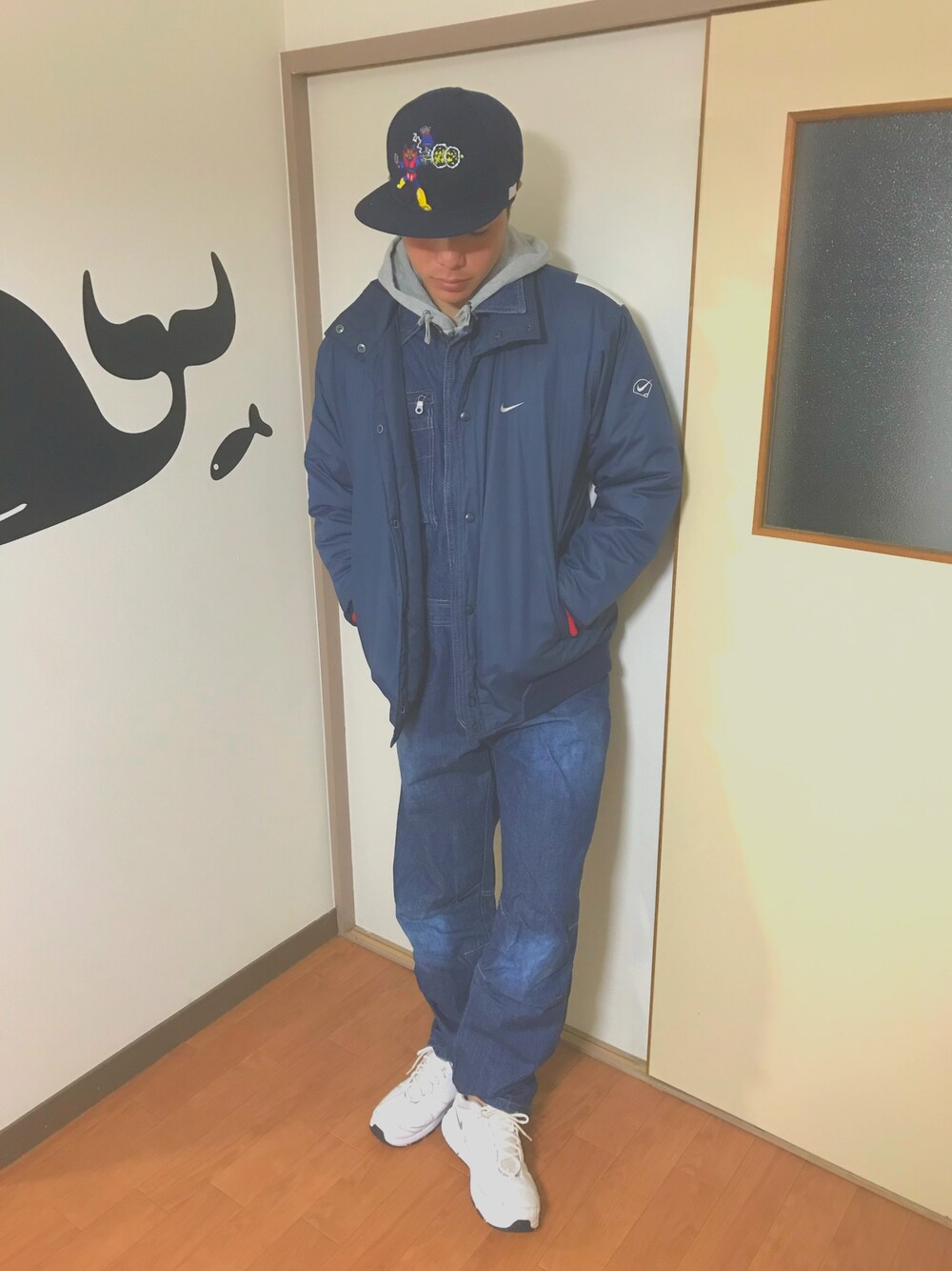 「ドラフトナイキ、ナイキ」｜「NIKEのアイテム（スタジャン、ブルー系）」を使った、あーる。さん（メンズ・179cm）の冬コーディネートの1枚目の写真