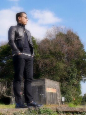 「花見」｜「アイテム（ライダースジャケット）」を使った、ゆう坊さん（メンズ・164cm）の春コーディネート