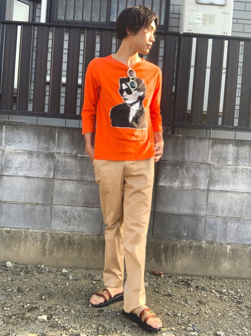 「オレンジ、オレンジコーデ、オトナカジュアル、リゾートスタイル、サングラス、LOEWE、Paul Smith、CAMINANDO、高身長コーデ、おしゃれさんと繋がりたい」｜「LOEWEのアイテム（サングラス、ホワイト系）」を使った、おしぼりくんさん（メンズ・178cm）の夏コーディネートの1枚目の写真