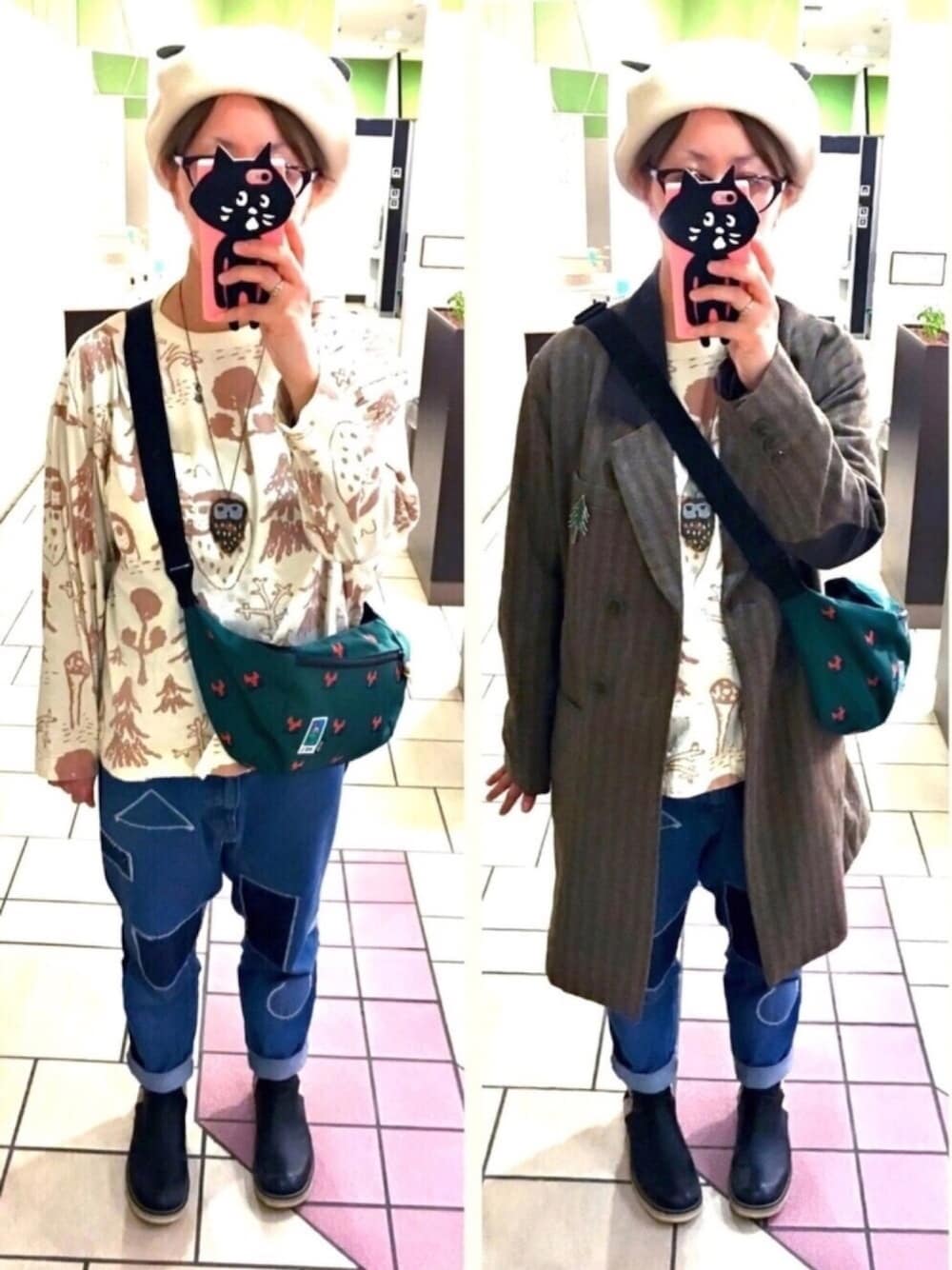 ピンク系のシャツ/ブラウス、ベージュ系のその他アウター、グリーン系のショルダーバッグを着用したレディースの春コーディネートの1枚目の写真