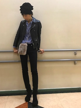 「ブルー×ブラック」｜「アイテム（ライダースジャケット）」を使った、カワさん（レディース・165cm）の秋コーディネート