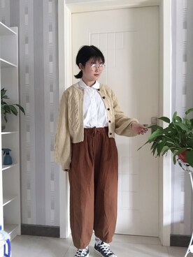 「アイテム（チノパンツ、オレンジ系）」を使った、fancyさん（レディース・162cm）の秋コーディネート