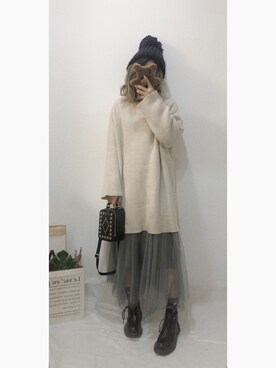 「SNIDEL（スナイデル）のアイテム（ニット/セーター、ベージュ系）」を使った、大大大丸子酱さん（レディース・155cm）の冬コーディネート