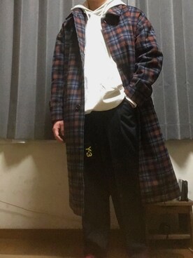 「アイテム（ステンカラーコート、レッド系）」を使った、たーさん（メンズ・158cm）の冬コーディネート