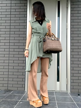 「Delyle NOIR（デイライルノアール）のハイウエストリブフレアパンツ（その他パンツ）」を使った、kanaさん（レディース・153cm）の夏コーディネート