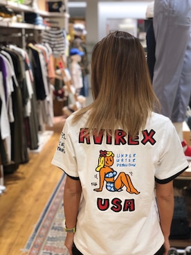 「AVIREX（アヴィレックス）のL SS BJ PRINT TEE PI（Tシャツ/カットソー、ホワイト系）」を使った、浅野ゆきさん（レディース・158cm）の春コーディネート