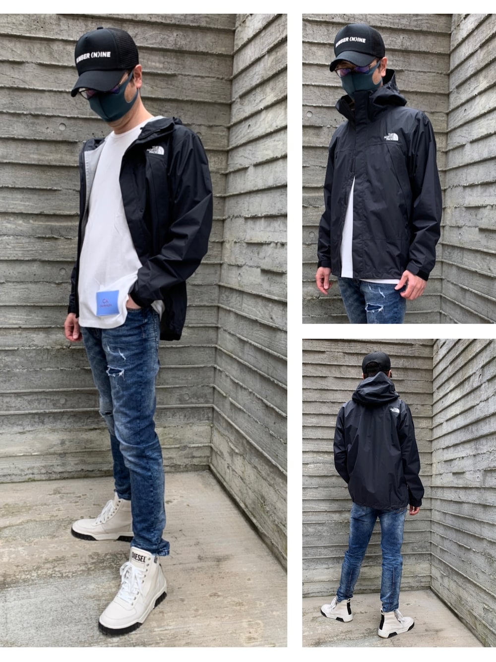 「キャップ、マウンテンパーカー、ホワイトインナー、デニム、ブラック、ナイロンパーカー、ノースフェイス、ブランドロゴ、ハイカットスニーカー、ホワイトスニーカー」｜「THE NORTH FACEのアイテム（マウンテンパーカー、ブラック系）」を使った、T-Hopeさん（メンズ・180cm）の春コーディネートの1枚目の写真