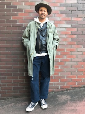 「AVIREX（アヴィレックス）のアイテム（ライダースジャケット）」を使った、Junichiさん（メンズ・180cm）の冬コーディネート