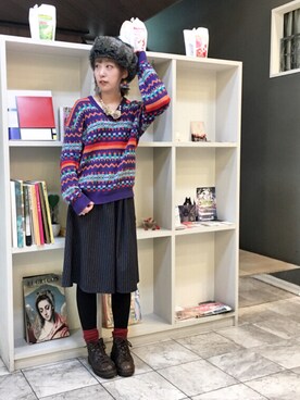 「柄物」｜「アイテム（帽子）」を使った、がま子さん（レディース・154cm）の冬コーディネート
