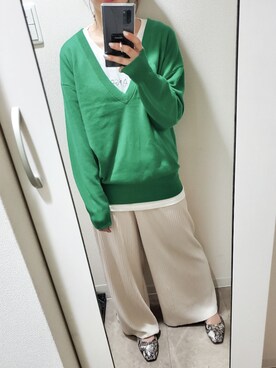 「BEAUTY&YOUTH UNITED ARROWS（ビューティーアンドユースユナイテッドアローズ）のBY∴ ウールカシミヤ天竺ディープVネックニット -ウォッシャブル-（ニット/セーター、グリーン系）」を使った、928imayaさん（レディース・154cm）の春コーディネート