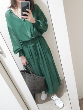 「aquagirl（アクアガール）の◆【洗える】シアーシフォンロングワンピース（ワンピース、グリーン系）」を使った、928imayaさん（レディース・154cm）の春コーディネート