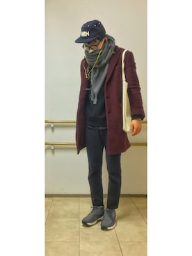 「ワインレッド」｜「アイテム（ステンカラーコート）」を使った、HFさん（メンズ・177cm）の冬コーディネート