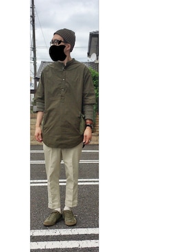 「ノーカラーシャツ」｜「アイテム（ニットキャップ/ビーニー）」を使った、HFさん（メンズ・177cm）の夏コーディネート