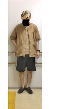 「ノーカラーシャツ」｜「アイテム（スリッポン）」を使った、HFさん（メンズ・177cm）の夏コーディネート