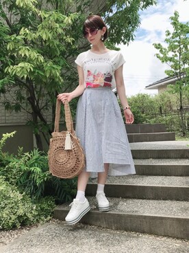 「Cielvis by YounAのアイテム（スカート、ブルー系）」を使った、ゆうこりんさん（レディース・160cm）の夏コーディネート