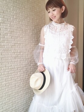 「Cielvis by YounAのアイテム（シャツ/ブラウス、ホワイト系）」を使った、ゆうこりんさん（レディース・160cm）の夏コーディネート
