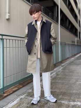「green label relaxing（グリーンレーベルリラクシング）のアイテム（ステンカラーコート）」を使った、Yuma Fujitaさん（メンズ・170cm）の春コーディネート