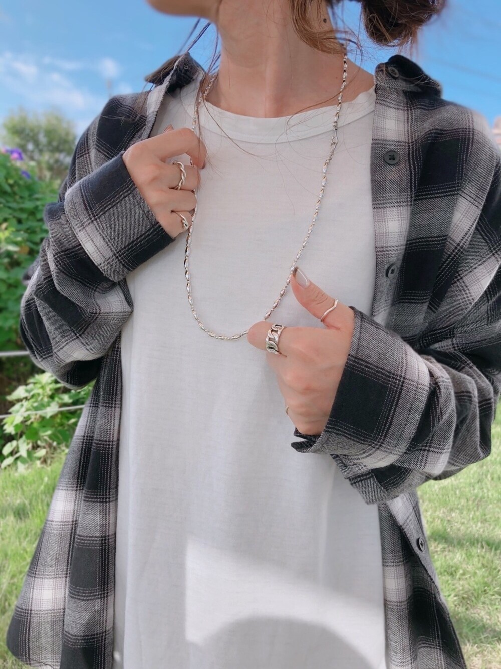 「シルバーアクセサリー、ハンドメイド、GU」｜「petitperiのアイテム（ネックレス、シルバー系）」を使った、cocoさん（レディース・153cm）の秋コーディネートの1枚目の写真
