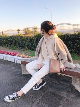 「ニットパーカー」｜「アイテム（ステンカラーコート）」を使った、cocoさん（レディース・153cm）の秋コーディネート