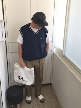 「MHL.」｜「アイテム（スタジャン）」を使った、JeffCさん（メンズ・180cm）の夏コーディネート