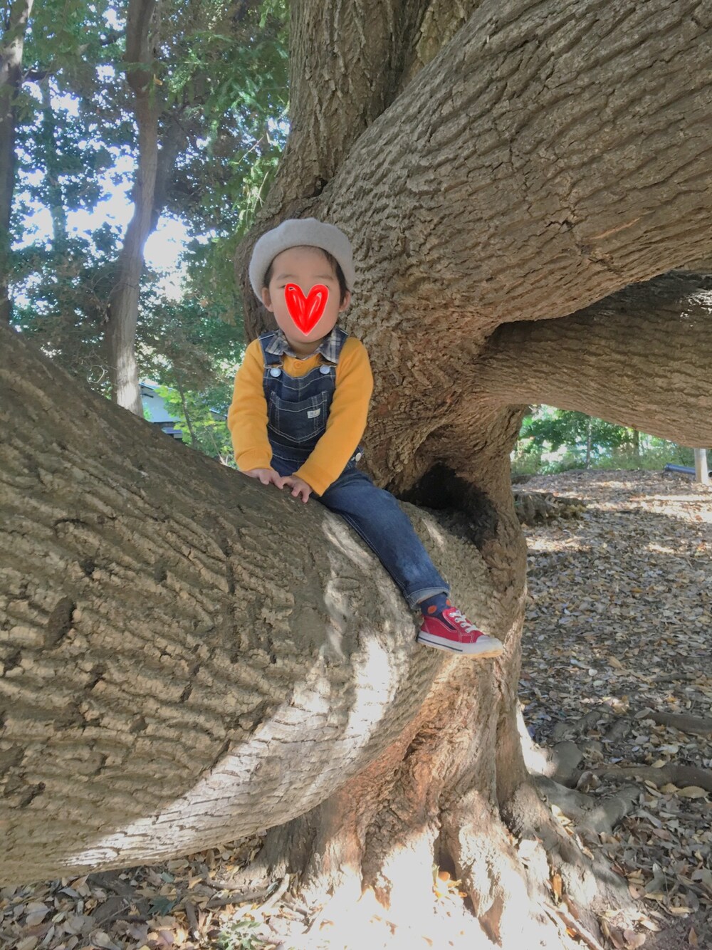 「公園コーデ、2歳、キッズコーデ、イエローコーデ、男の子、冬コーデ、韓国子供服、デニム」｜「Right-onの【MPS】ハードデニムレインボーオーバーオール（サロペット/オーバーオール、ブルー系）」を使った、jinmamaさん（キッズ・90cm）の秋コーディネートの1枚目の写真