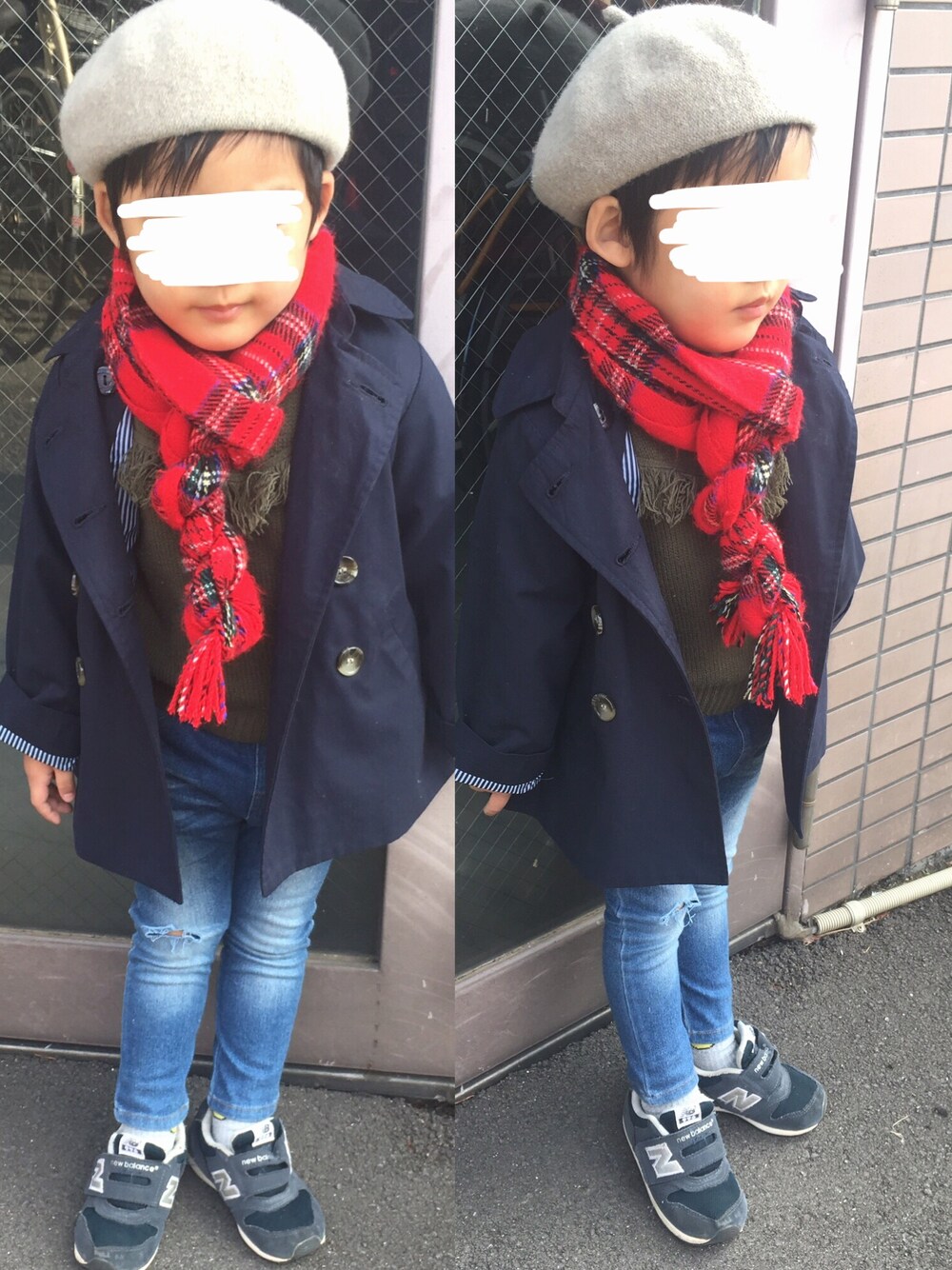 「赤マフラー、キッズコーデ、男の子コーデ、ベレー帽、帽子だいすき、帽子は身体の一部です‼、トレンチコート KIDS、トレンチコート×デニム、秋冬、反抗期」｜「NEW BALANCEのnew balance(ニューバランス) FS996 161996（スニーカー、グレー系）」を使った、jinmamaさん（キッズ・90cm）の冬コーディネートの1枚目の写真