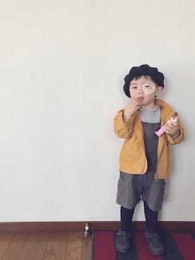 「アイテム（マウンテンパーカー、イエロー系）」を使った、sakuyuiさん（キッズ・90cm）の春コーディネート